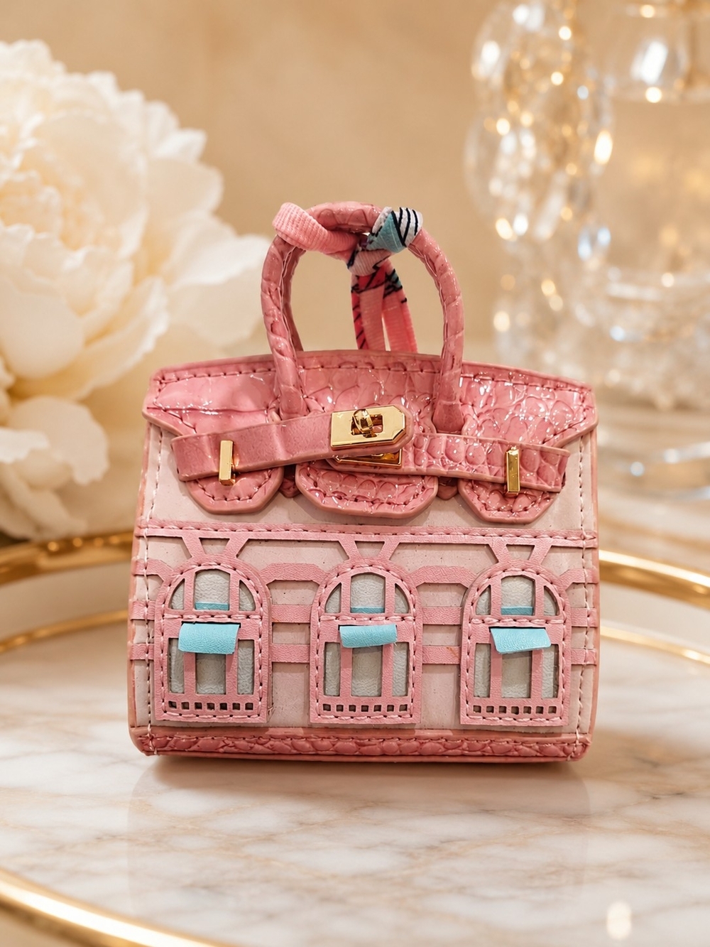 Mini Pink Women's Handbag Charm with Blue Accents